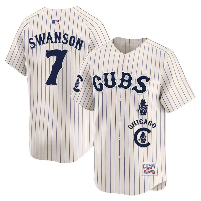 Personalized Men’s Chicago Cubs #7 Dansby Swanson Cream Pinstripe Special Premier Limited Stitched Baseball Jersey