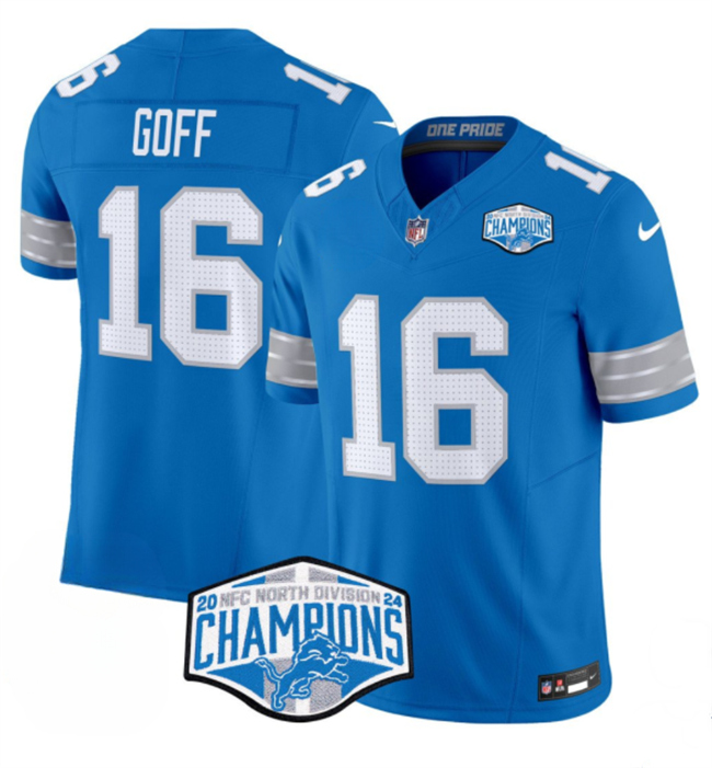 Personalized Men’s Detroit Lions #16 Jared Goff Blue 2024 NFC North Champions F.U.S.E. Limited Stitched Jersey