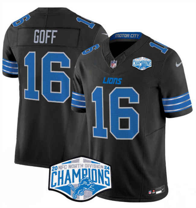 Personalized Men’s Detroit Lions #16 Jared Goff Black 2024 NFC North Champions F.U.S.E. Limited Stitched Jersey