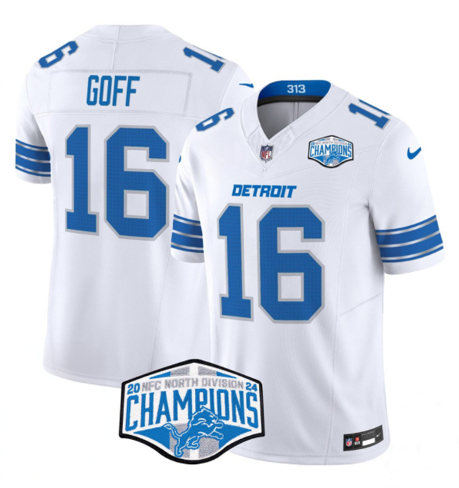 Personalized Men’s Detroit Lions #16 Jared Goff White 2024 NFC North Champions F.U.S.E. Limited Stitched Jersey