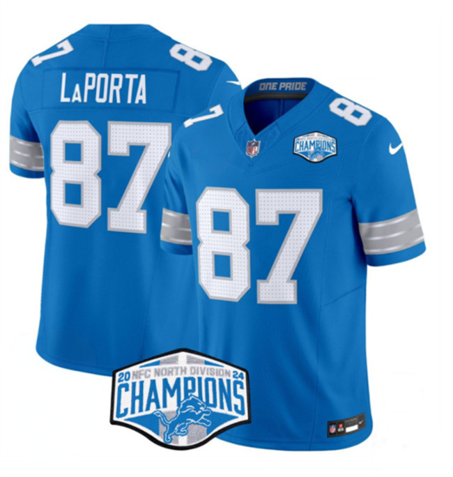 Personalized Men’s Detroit Lions #87 Sam LaPorta Blue 2024 NFC North Champions F.U.S.E. Limited Stitched Jersey