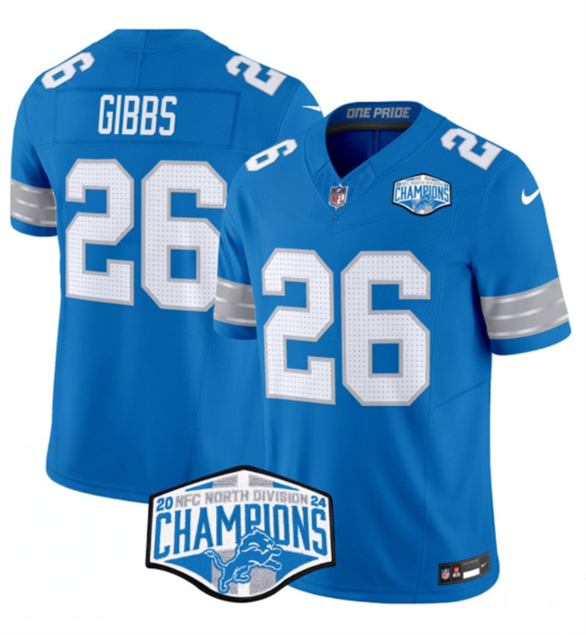 Personalized Men’s Detroit Lions #26 Jahmyr Gibbs Blue 2024 NFC North Champions F.U.S.E. Limited Stitched Jersey