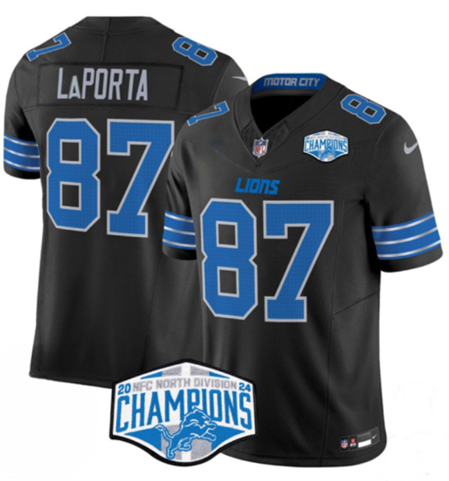Personalized Men’s Detroit Lions #87 Sam LaPorta Black 2024 NFC North Champions F.U.S.E. Limited Stitched Jersey