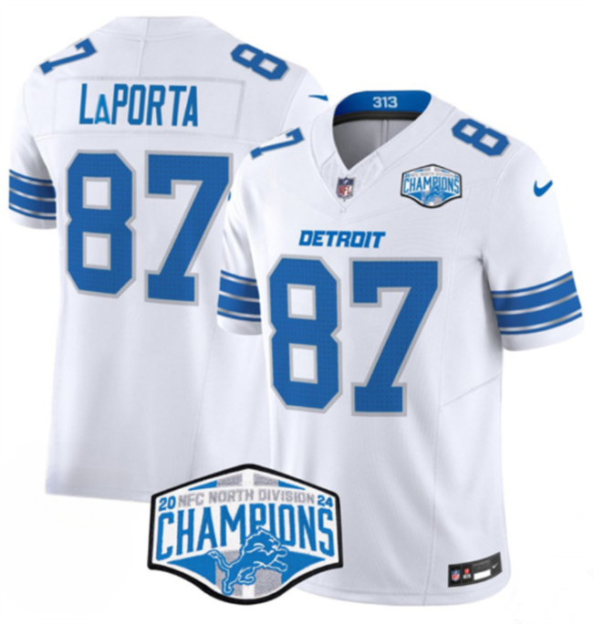 Personalized Men’s Detroit Lions #87 Sam LaPorta White 2024 NFC North Champions F.U.S.E. Limited Stitched Jersey