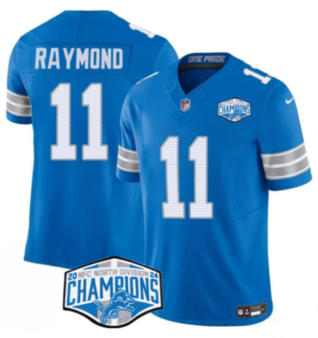 Personalized Men’s Detroit Lions #11 Kalif Raymond Blue 2024 NFC North Champions F.U.S.E. Limited Stitched Jersey