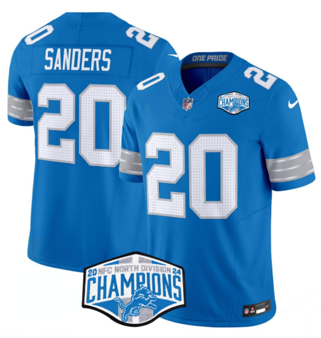 Personalized Men’s Detroit Lions #20 Barry Sanders Blue 2024 NFC North Champions F.U.S.E. Limited Stitched Jersey