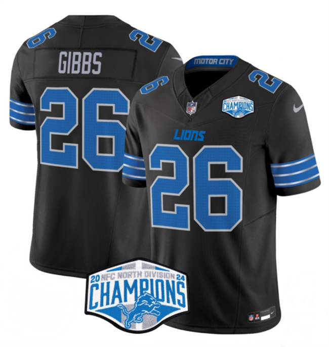 Personalized Men’s Detroit Lions #26 Jahmyr Gibbs Black 2024 NFC North Champions F.U.S.E. Limited Stitched Jersey