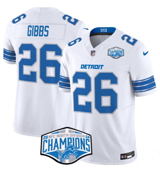 Personalized Men’s Detroit Lions #26 Jahmyr Gibbs White 2024 NFC North Champions F.U.S.E. Limited Stitched Jersey