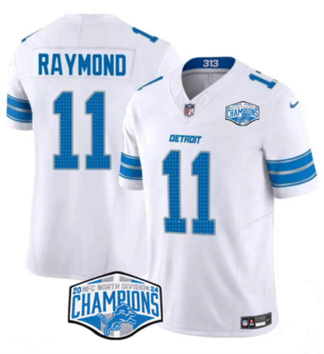 Personalized Men’s Detroit Lions #11 Kalif Raymond White 2024 NFC North Champions F.U.S.E. Limited Stitched Jersey