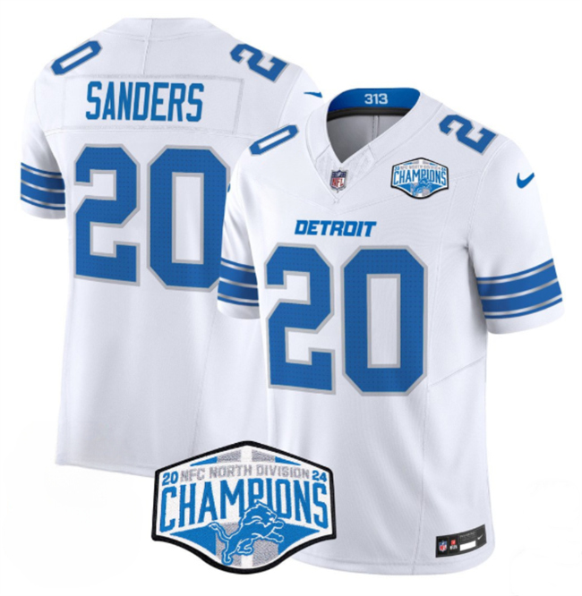 Personalized Men’s Detroit Lions #20 Barry Sanders White 2024 NFC North Champions F.U.S.E. Limited Stitched Jersey