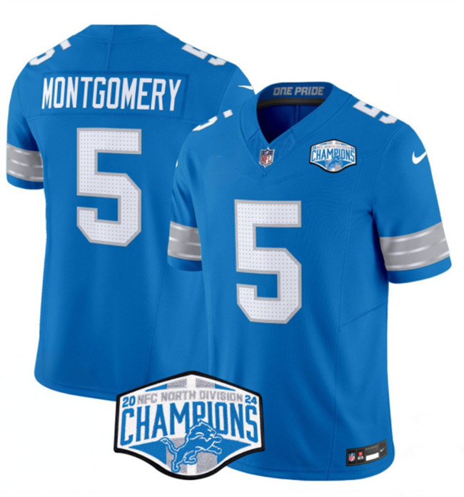 Personalized Men’s Detroit Lions #5 David Montgomery Blue 2024 NFC North Champions F.U.S.E. Limited Stitched Jersey