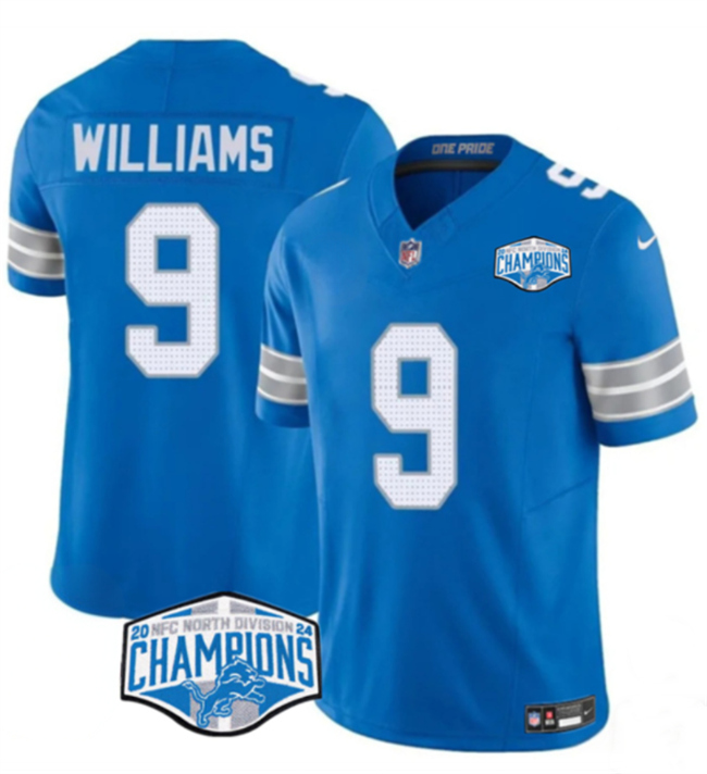 Personalized Men’s Detroit Lions #9 Jameson Williams Blue 2024 NFC North Champions F.U.S.E. Limited Stitched Jersey