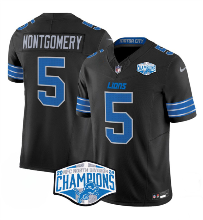 Personalized Men’s Detroit Lions #5 David Montgomery Black 2024 NFC North Champions F.U.S.E. Limited Stitched Jersey