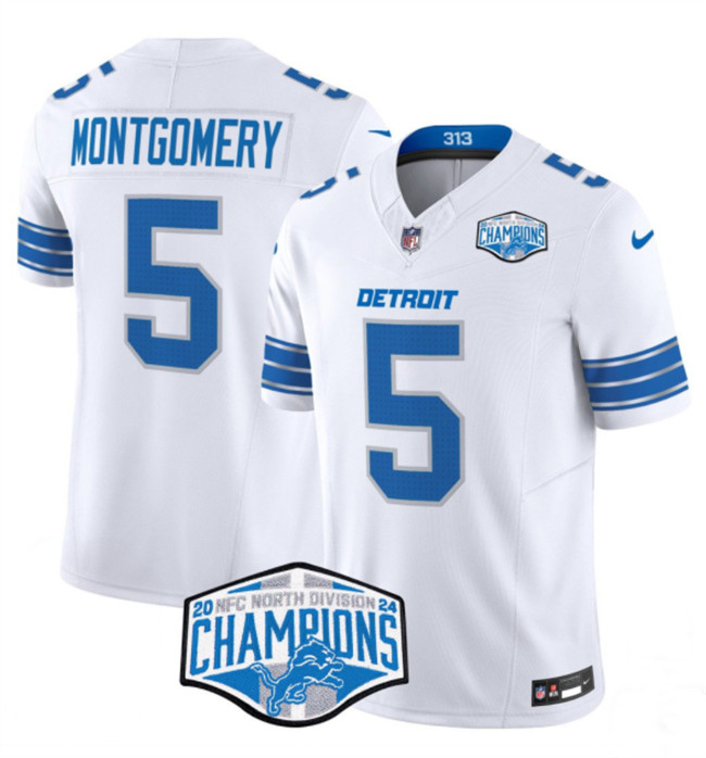 Personalized Men’s Detroit Lions #5 David Montgomery White 2024 NFC North Champions F.U.S.E. Limited Stitched Jersey