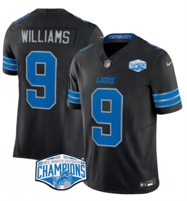Personalized Men’s Detroit Lions #9 Jameson Williams Black 2024 NFC North Champions F.U.S.E. Limited Stitched Jersey