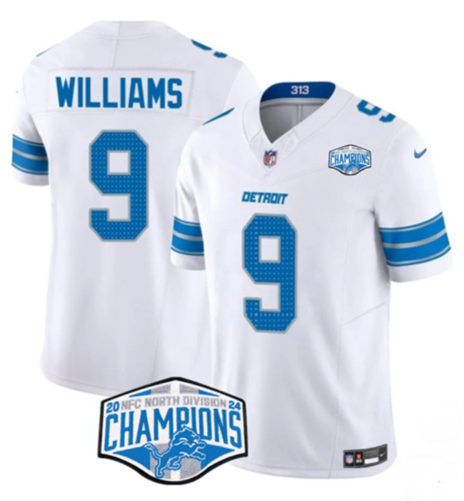 Personalized Men’s Detroit Lions #9 Jameson Williams White 2024 NFC North Champions F.U.S.E. Limited Stitched Jersey