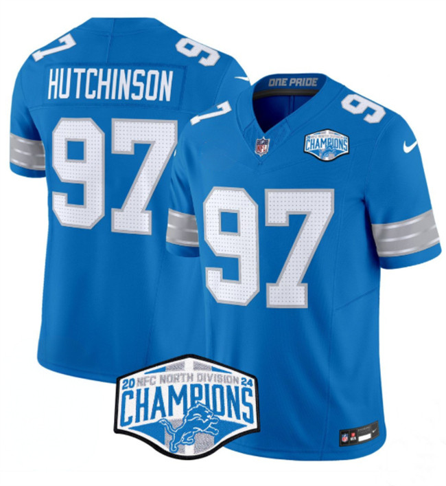 Personalized Men’s Detroit Lions #97 Aidan Hutchinson Blue 2024 NFC North Champions F.U.S.E. Limited Stitched Jersey