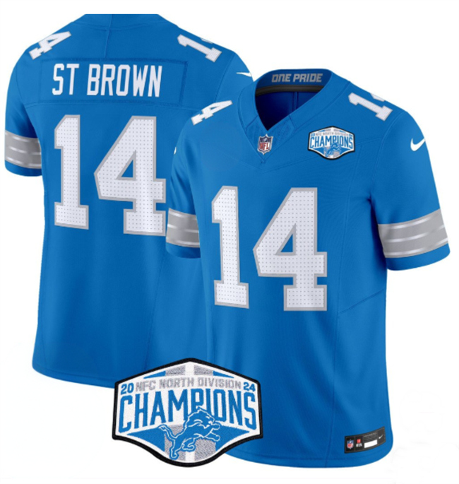 Personalized Men’s Detroit Lions #14 Amon-Ra St. Brown Blue 2024 NFC North Champions F.U.S.E. Limited Stitched Jersey