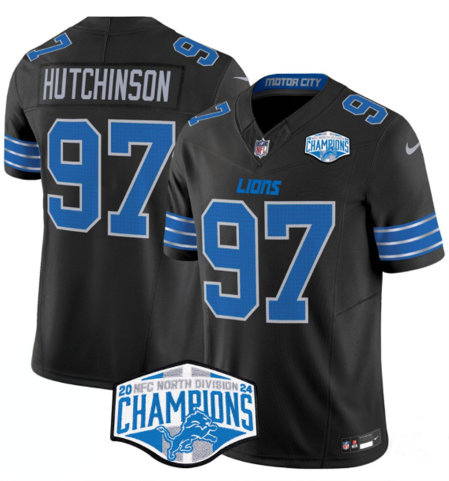 Personalized Men’s Detroit Lions #97 Aidan Hutchinson Black 2024 NFC North Champions F.U.S.E. Limited Stitched Jersey