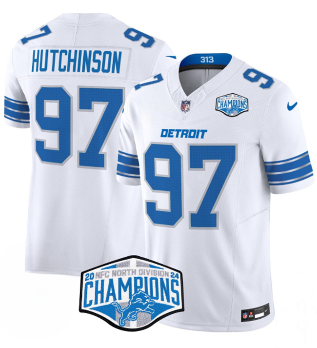 Personalized Men’s Detroit Lions #97 Aidan Hutchinson White 2024 NFC North Champions F.U.S.E. Limited Stitched Jersey