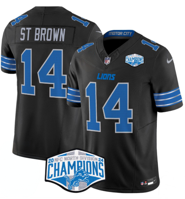 Personalized Men’s Detroit Lions #14 Amon-Ra St. Brown Black 2024 NFC North Champions F.U.S.E. Limited Stitched Jersey