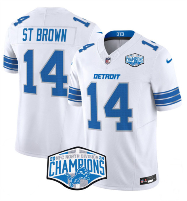 Personalized Men’s Detroit Lions #14 Amon-Ra St. Brown White 2024 NFC North Champions F.U.S.E. Limited Stitched Jersey