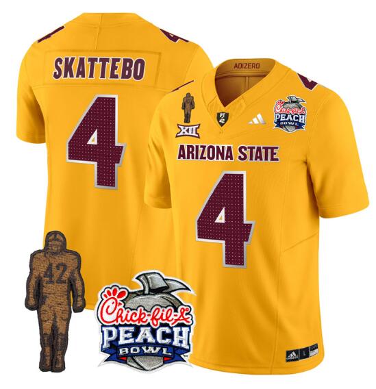 Personalized Men’s Arizona State Sun Devils #4 Cam Skattebo 2024 F.U.S.E. Gold Pat Tillman & Peach Bowl Patch Limited Stitched Jersey