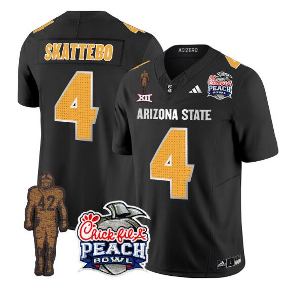 Personalized Men’s Arizona State Sun Devils #4 Cam Skattebo 2024 F.U.S.E. Black Pat Tillman & Peach Bowl Patch Limited Stitched Jersey