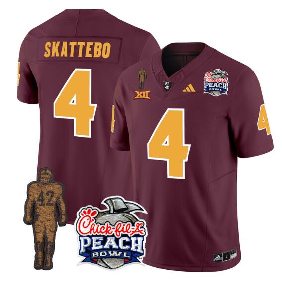 Personalized Men’s Arizona State Sun Devils #4 Cam Skattebo 2024 F.U.S.E. Maroon Pat Tillman & Peach Bowl Patch Limited Stitched Jersey