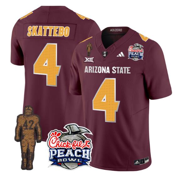 Personalized Men’s Arizona State Sun Devils #4 Cam Skattebo 2024 F.U.S.E. Maroon Pat Tillman & Peach Bowl Patch Limited Stitched Jersey