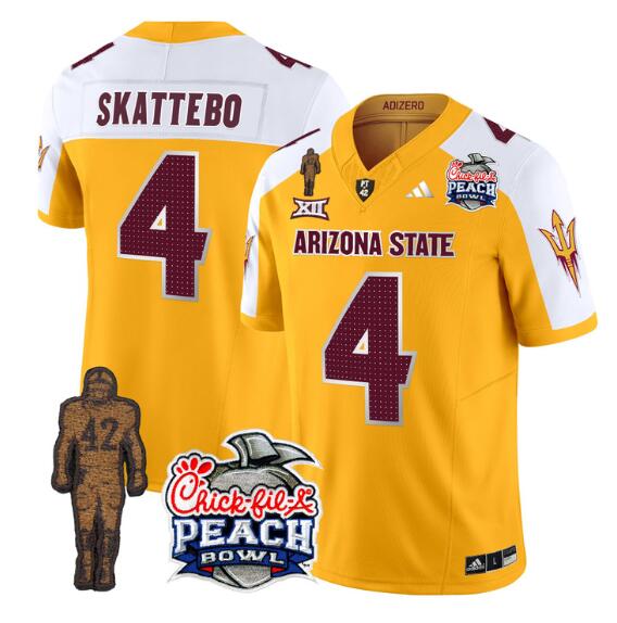 Personalized Men’s Arizona State Sun Devils #4 Cam Skattebo 2024 F.U.S.E. Gold White Pat Tillman & Peach Bowl Patch Limited Stitched Jersey