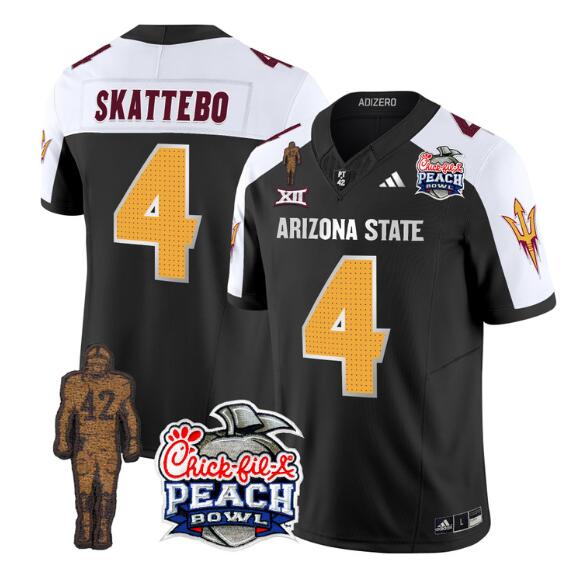 Personalized Men’s Arizona State Sun Devils #4 Cam Skattebo 2024 F.U.S.E. Black White Pat Tillman & Peach Bowl Patch Limited Stitched Jersey