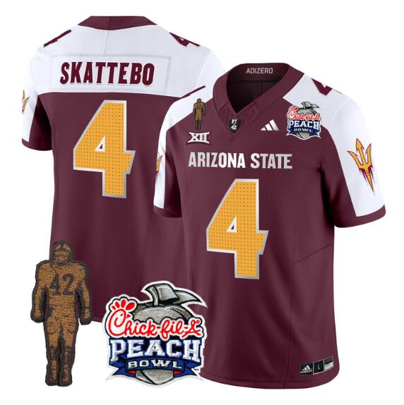 Personalized Men’s Arizona State Sun Devils #4 Cam Skattebo 2024 F.U.S.E. Maroon White Pat Tillman & Peach Bowl Patch Limited Stitched Jersey