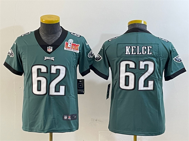 Personalized Youth Philadelphia Eagles #62 Jason Kelce Green 2025 Super Bowl LIX Patch Untouchable Limited Stitched Football Jersey
