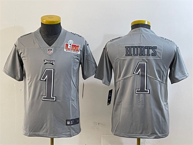 Personalized Youth Philadelphia Eagles #1 Jalen Hurts Grey 2025 Super Bowl LIX Patch Atmosphere Fashion Untouchable Limited Stitched Football Jersey