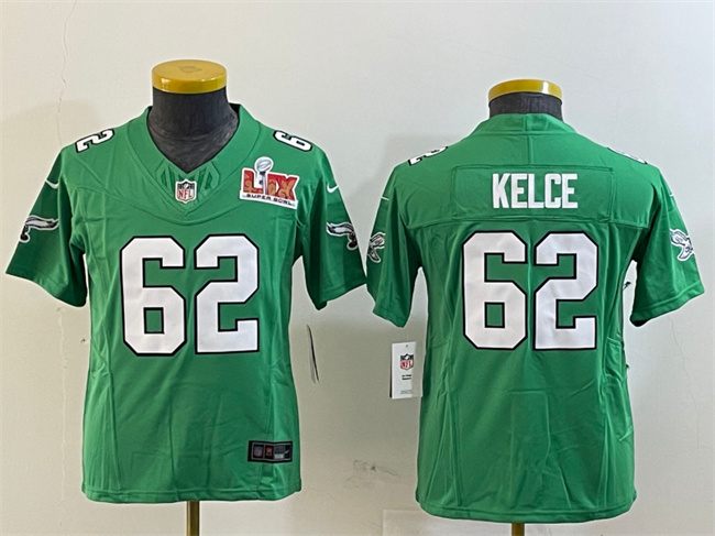 Personalized Youth Philadelphia Eagles #62 Jason Kelce Green 2025 Super Bowl LIX Patch F.U.S.E. Throwback Untouchable Limited Stitched Football Jersey