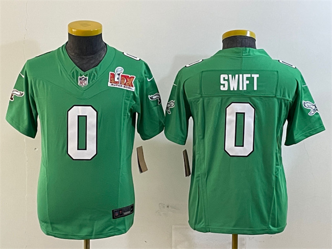 Personalized Youth Philadelphia Eagles #0 D’Andre Swift Green 2025 Super Bowl LIX Patch F.U.S.E. Throwback Untouchable Limited Stitched Football Jersey