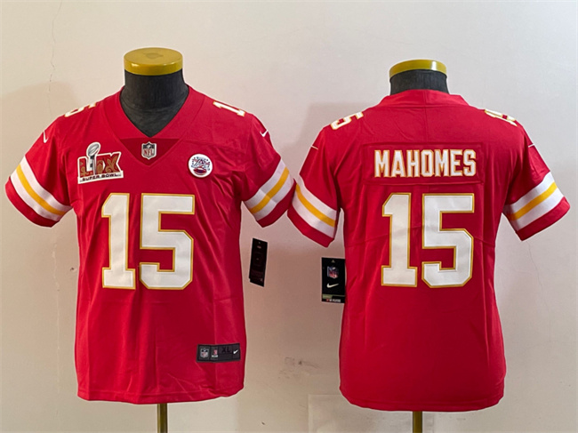 Personalized Youth Kansas City Chiefs #15 Patrick Mahomes Red 2025 Super Bowl LIX Patch Untouchable Limited Stitched Football Jersey