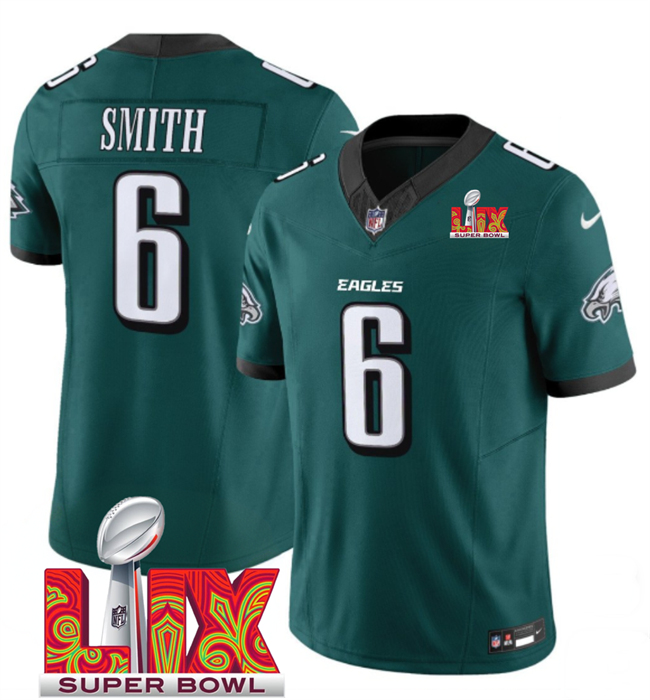 Personalized Men’s Philadelphia Eagles #6 DeVonta Smith Green 2025 Super Bowl LIX Patch New F.U.S.E. Limited Stitched Football Jersey