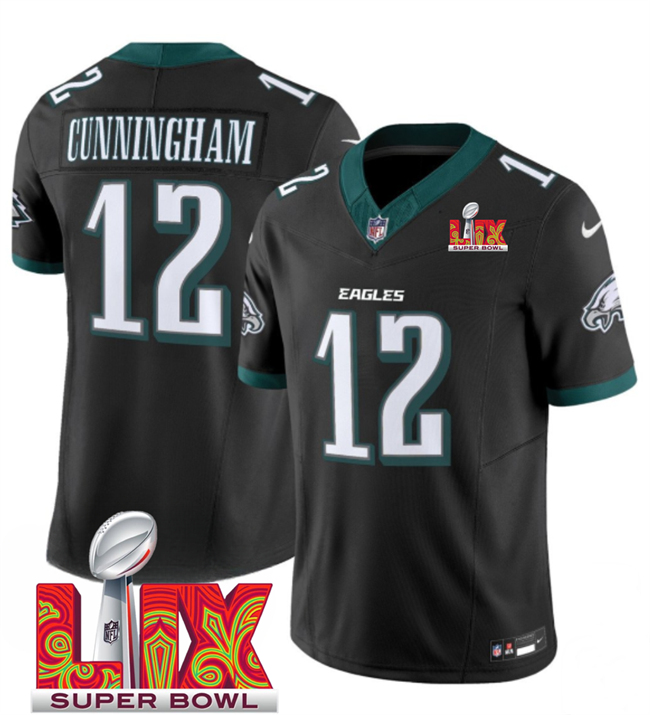 Personalized Men’s Philadelphia Eagles #12 Randall Cunningham Black 2025 Super Bowl LIX Patch New F.U.S.E. Limited Stitched Football Jersey