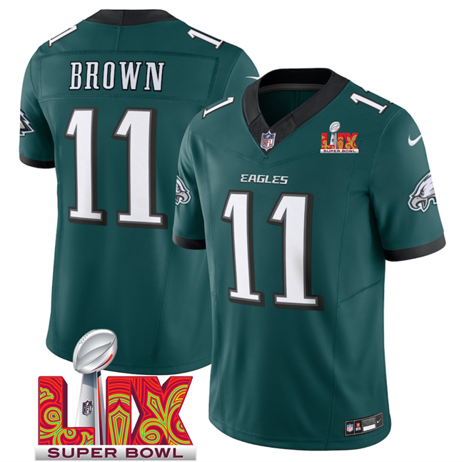 Personalized Men’s Philadelphia Eagles #11 A.J. Brown Green 2025 Super Bowl LIX Patch New F.U.S.E. Untouchable Limited Stitched Football Jersey