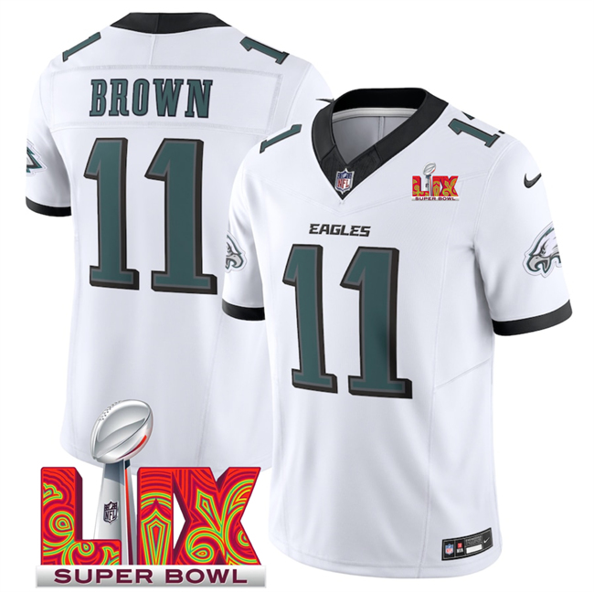 Personalized Men’s Philadelphia Eagles #11 A.J. Brown White 2025 Super Bowl LIX Patch New F.U.S.E. Untouchable Limited Stitched Football Jersey
