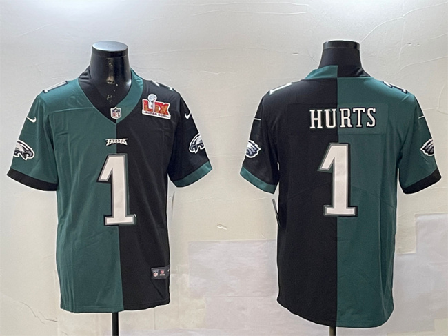 Personalized Men’s Philadelphia Eagles #1 Jalen Hurts Green & Black Split 2025 Super Bowl LIX Patch Untouchable Limited Stitched Football Jersey
