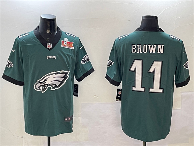 Personalized Men’s Philadelphia Eagles #11 A. J. Brown Green 2025 Super Bowl LIX Patch Team Big Logo Untouchable Limited Stitched Football Jersey