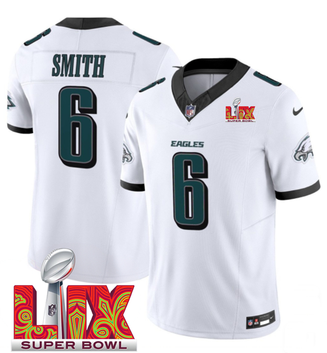 Personalized Men’s Philadelphia Eagles #6 DeVonta Smith White 2025 Super Bowl LIX Patch New F.U.S.E. Untouchable Limited Stitched Football Jersey