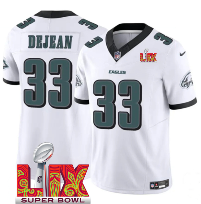 Personalized Men’s Philadelphia Eagles #33 Cooper DeJean White 2025 Super Bowl LIX Patch New F.U.S.E. Untouchable Limited Stitched Football Jersey