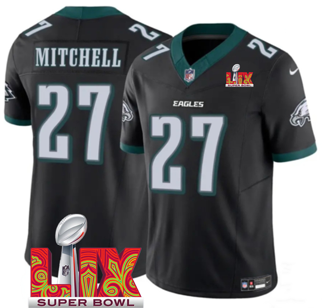 Personalized Men’s Philadelphia Eagles #27 Quinyon Mitchell Black 2025 Super Bowl LIX Patch New F.U.S.E. Untouchable Limited Stitched Football Jersey