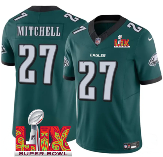 Personalized Men’s Philadelphia Eagles #27 Quinyon Mitchell Green 2025 Super Bowl LIX Patch New F.U.S.E. Untouchable Limited Stitched Football Jersey
