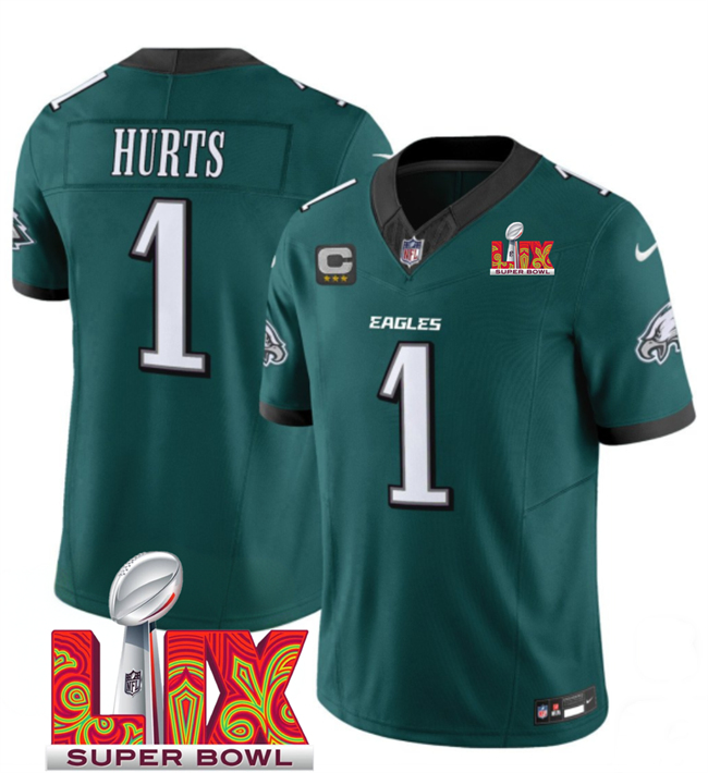 Personalized Men’s Philadelphia Eagles #1 Jalen Hurts Green 2025 Super Bowl LIX Patch With 3-Star C Patch New F.U.S.E. Untouchable Limited Stitched Football Jersey