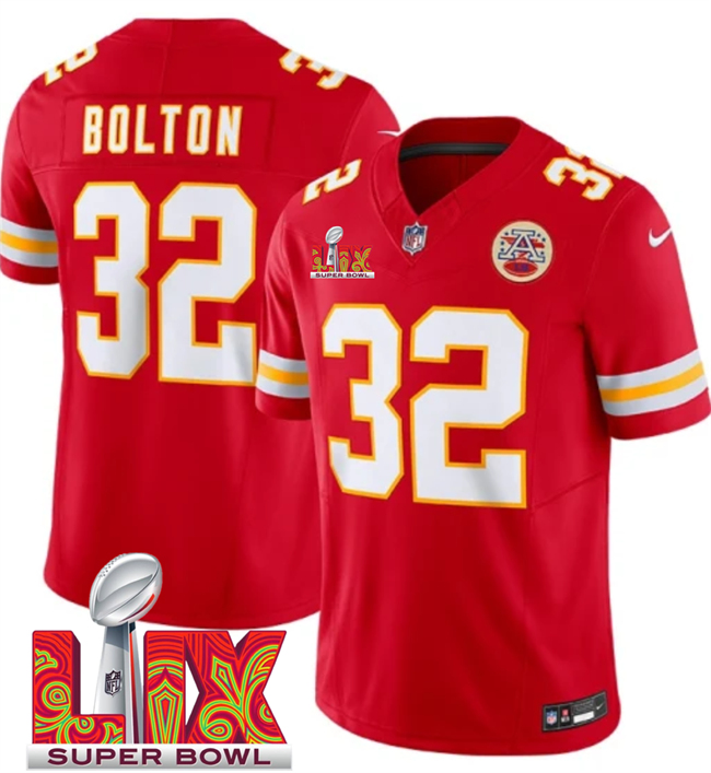Personalized Men’s Kansas City Chiefs #32 Nick Bolton Red 2025 Super Bowl LIX Patch F.U.S.E. Limited Stitched Football Jersey